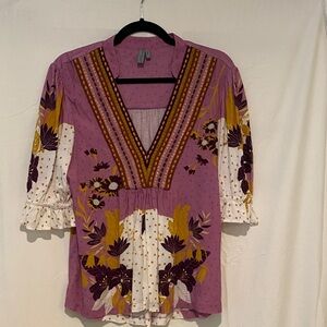 Boho Floral V-Neck Blouse in Purple and Yellow